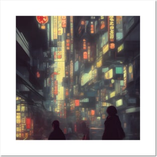 Urban Atmosphere Artistry - Moody Anime Noir Cinematic Japanese Cityscape Posters and Art
